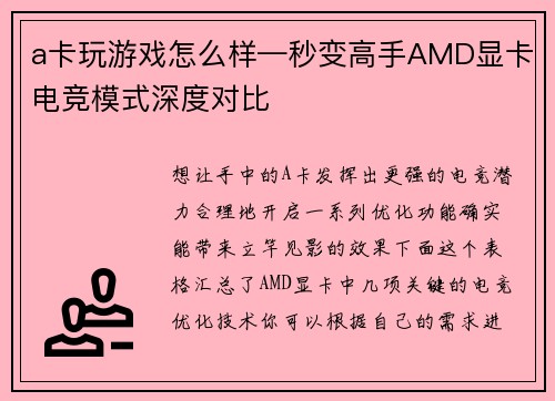 a卡玩游戏怎么样—秒变高手AMD显卡电竞模式深度对比